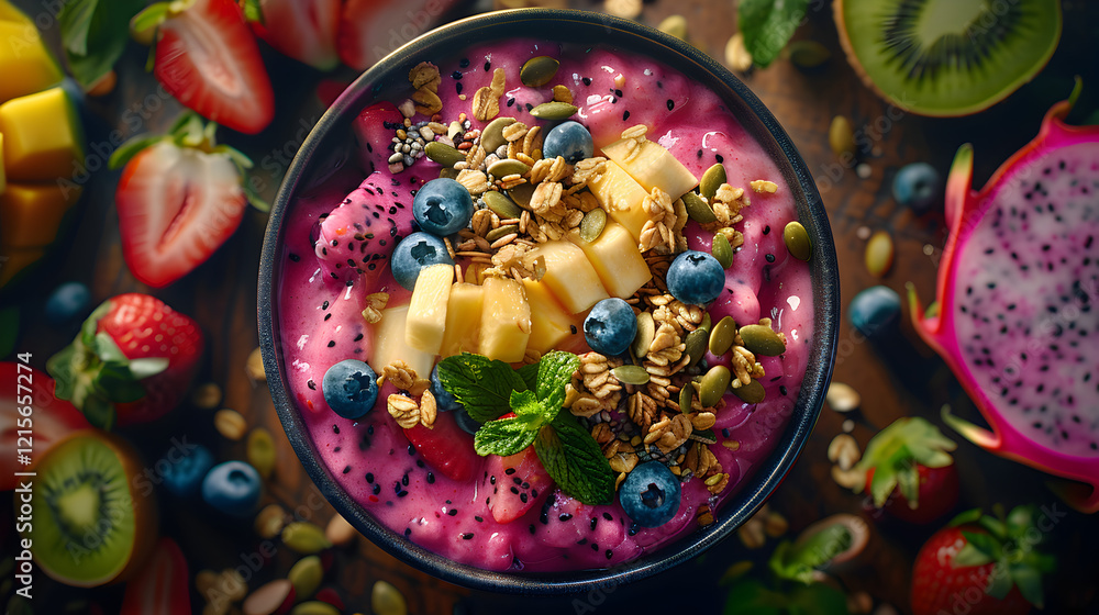 Fototapeta premium Fresh and Colorful Fruit Bowl with a Variety of Organic, Juicy, and Nutritious Superfoods, Perfect for a Healthy Diet and Wellness Lifestyle