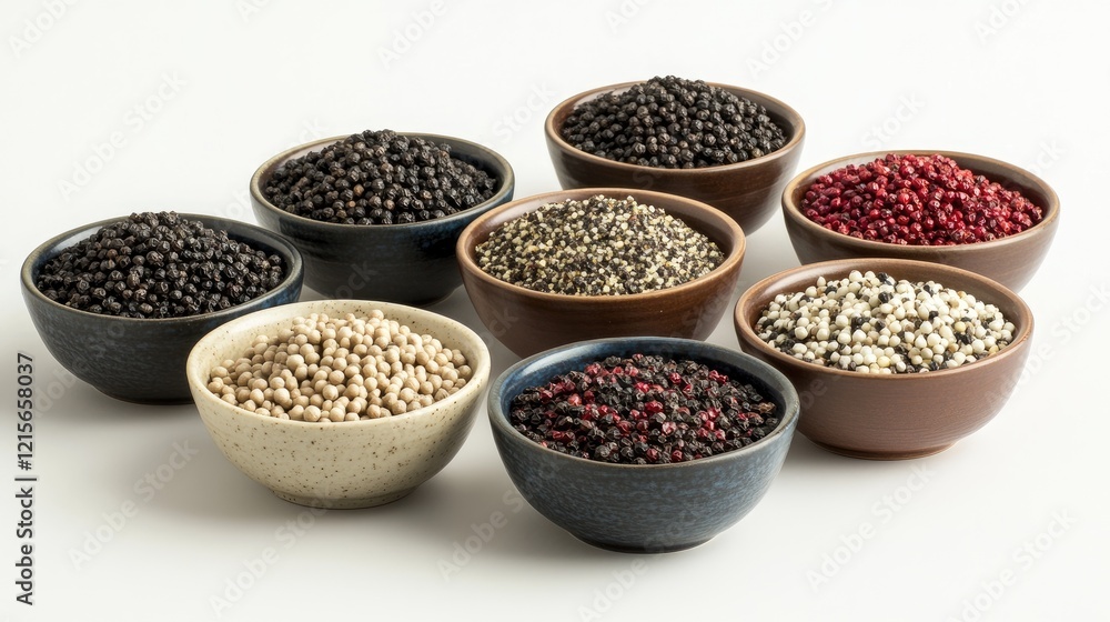 A high-definition image of a variety of ground pepper spices, including black, white, and red pepper, neatly arranged in small bowls against a clean background. A high-definition image of a variety of ground pepper spices, including black, white, and red pepper, neatly arranged in small bowls against a clean background.