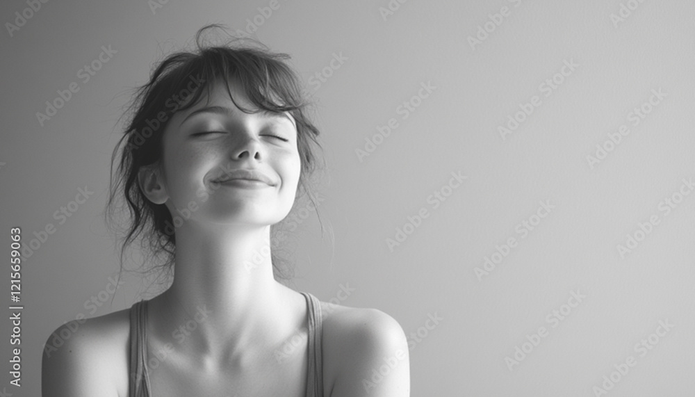 A yoga studio background for this high-quality photographic style image. High quality, natural lighting, gorgeous girl smiling and meditating, minimalistic style A yoga studio background for this high-quality photographic style image. High quality, natural lighting, gorgeous girl smiling and meditating, minimalistic style