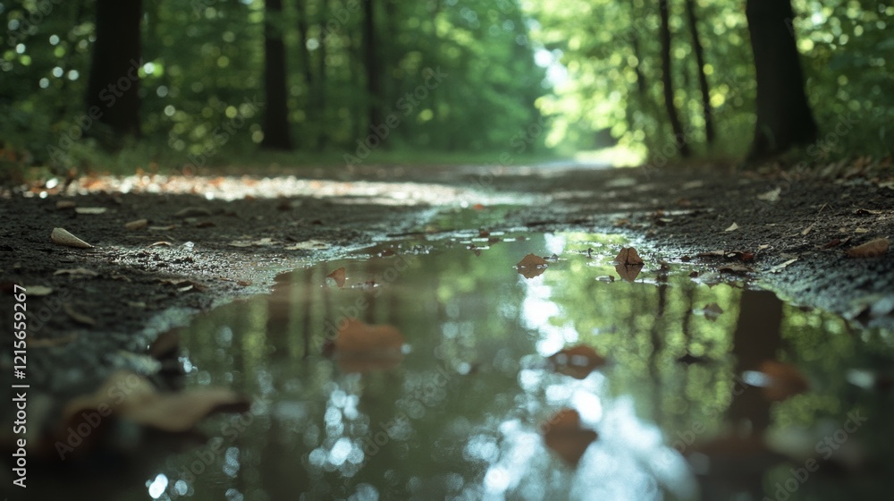 Fototapeta premium A hidden forest path lined with lush trees reflects in a serene puddle after rain, creating a dreamy, peaceful scene.