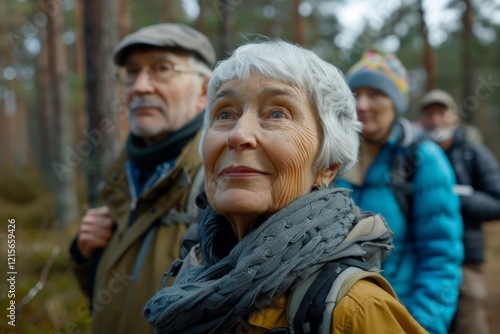 Wallpaper Mural Elderly people hiking in the autumn forest. Focus on woman Torontodigital.ca