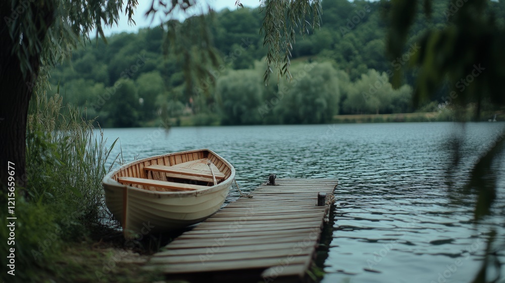 Fototapeta premium A lonely rowboat rests quietly beside a wooden pier on a tranquil lake, surrounded by trees.