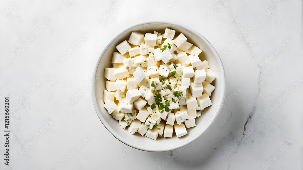 Cubed Feta Cheese in Bowl on Marble Surface Cubed Feta Cheese in Bowl on Marble Surface