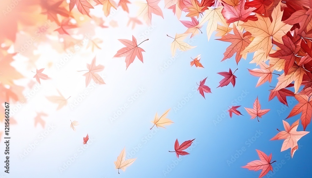 Vibrant autumn leaves falling against a bright blue sky, creating a serene and picturesque seasonal scene Vibrant autumn leaves falling against a bright blue sky, creating a serene and picturesque seasonal scene