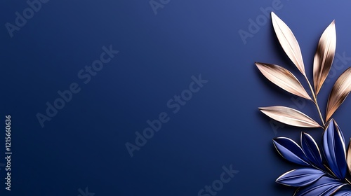 Elegant gold and blue leaves on a navy blue background.