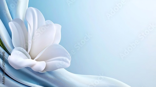 Elegant white magnolia blossom on flowing light blue fabric.