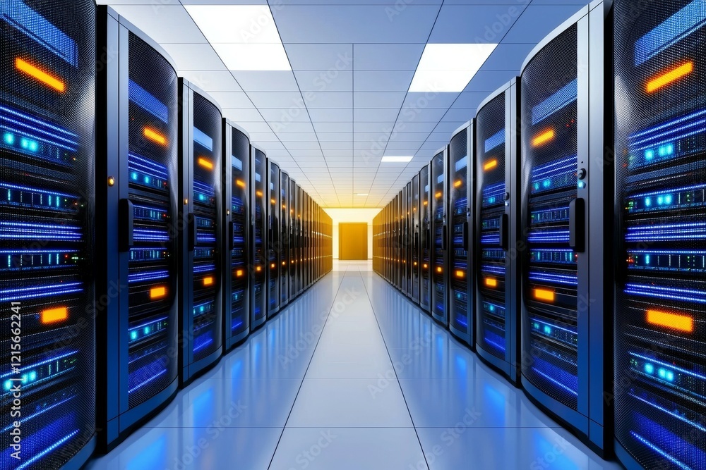 High-tech data center aisle with illuminated servers in a modern facility High-tech data center aisle with illuminated servers in a modern facility