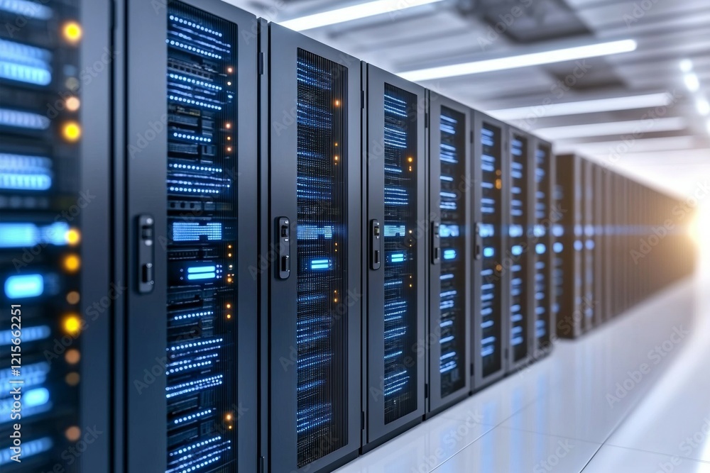 Modern data center with rows of advanced server racks in perspective view Modern data center with rows of advanced server racks in perspective view
