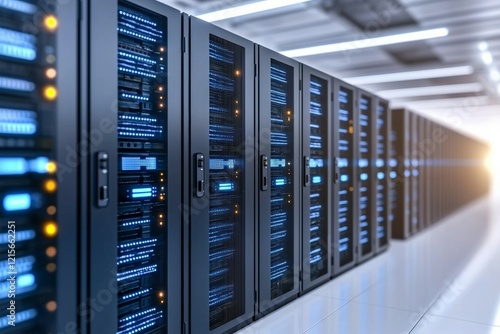 Modern data center with rows of advanced server racks in perspective view
