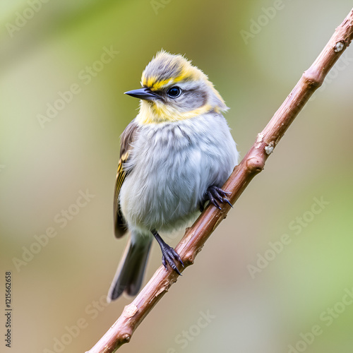 Golden-crowned kinglet perched on branch in natural habitat. photo