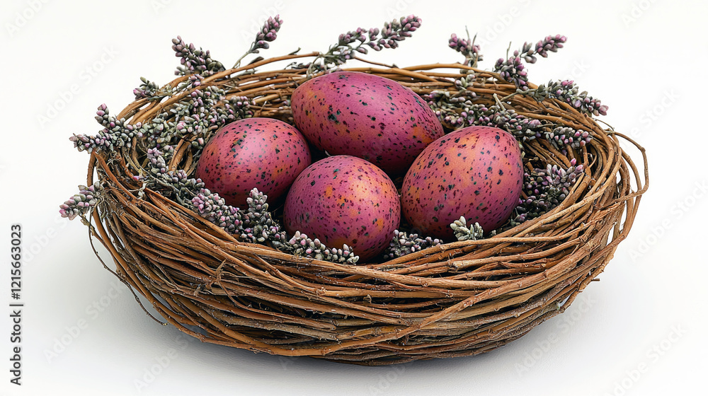 Speckled Easter Eggs in a Bird Nest with Spring Flowers Speckled Easter Eggs in a Bird Nest with Spring Flowers