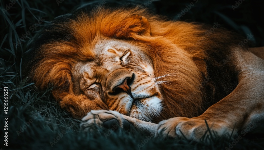 Naklejka premium Majestic male lion sleeping peacefully in tall grass.