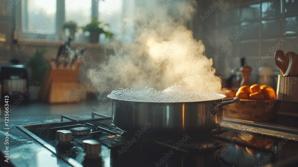 A shot of a large pot of water boiling on an electric stove, with steam and bubbles clearly visible, highlighting the modern kitchen setup. A shot of a large pot of water boiling on an electric stove, with steam and bubbles clearly visible, highlighting the modern kitchen setup.