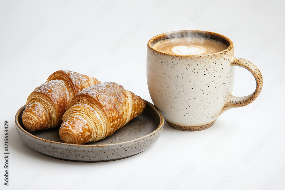 hot coffee with croissants on a white background hot coffee with croissants on a white background