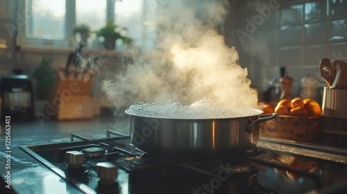 A shot of a large pot of water boiling on an electric stove, with steam and bubbles clearly visible, highlighting the modern kitchen setup.