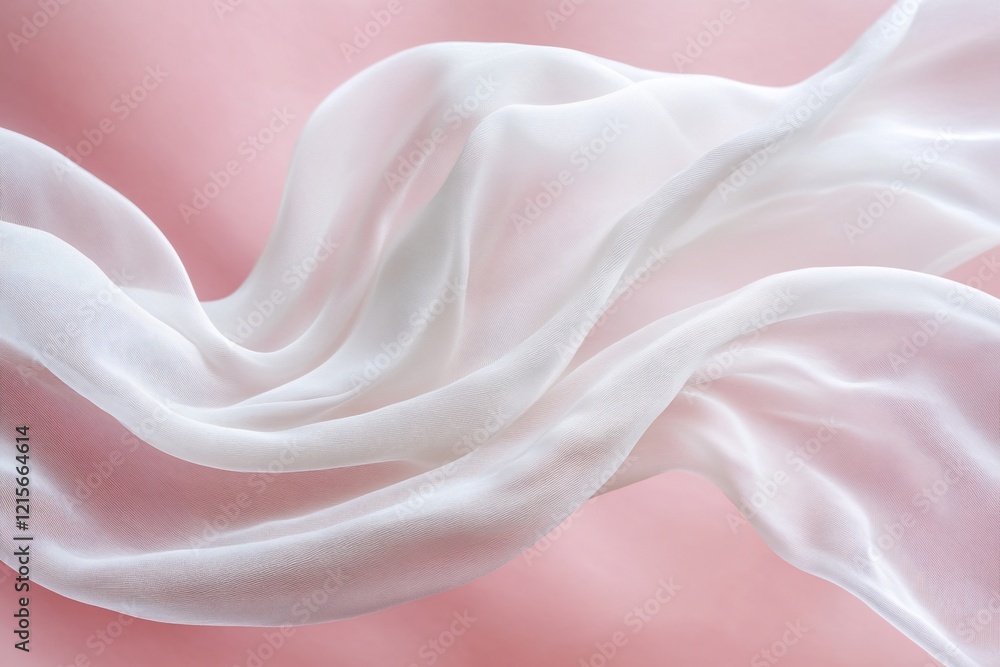 Fototapeta premium Flowing white fabric on pink background.