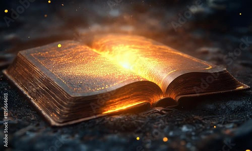 An enchanting, glowing book radiates sparks and light, suggesting magic or knowledge.