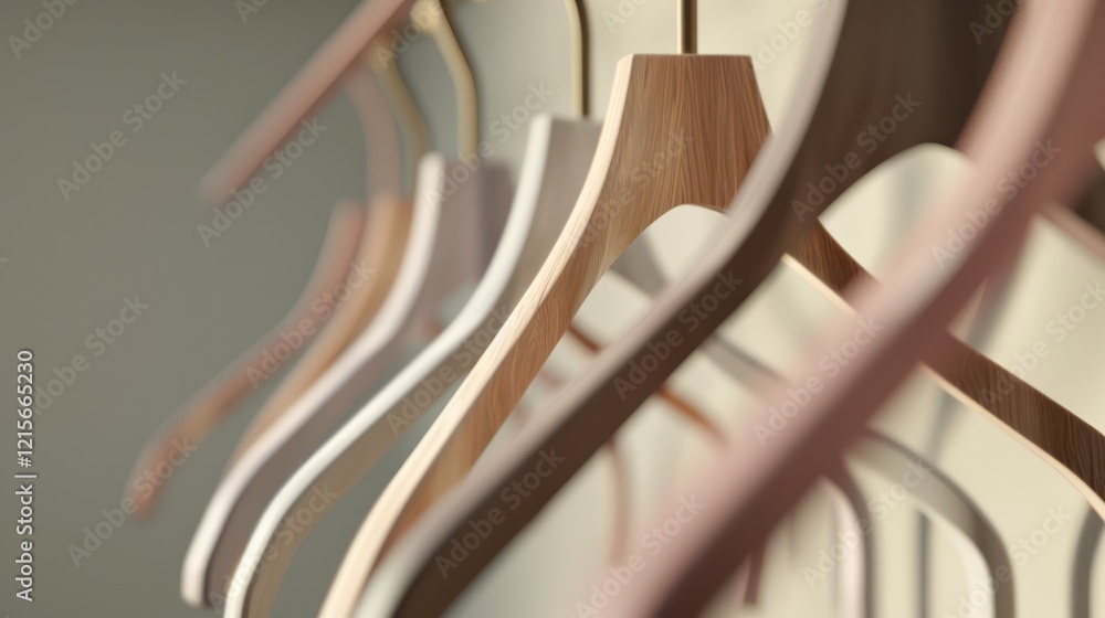 A row of simple coat hangers made from wood, plastic, and metal. Clean lines and smooth surfaces stand out against a soft, muted background. A row of simple coat hangers made from wood, plastic, and metal. Clean lines and smooth surfaces stand out against a soft, muted background.
