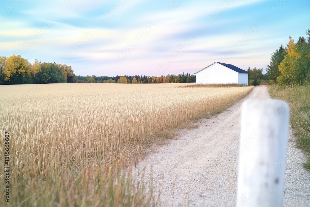 Serene rural landscape with a white barn beside a gravel path, surrounded by golden fields and autumn trees Serene rural landscape with a white barn beside a gravel path, surrounded by golden fields and autumn trees