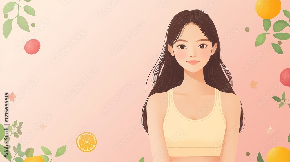 Smiling Woman in Activewear on Pink Background With Citrus Accents, Health and Wellness Smiling Woman in Activewear on Pink Background With Citrus Accents, Health and Wellness