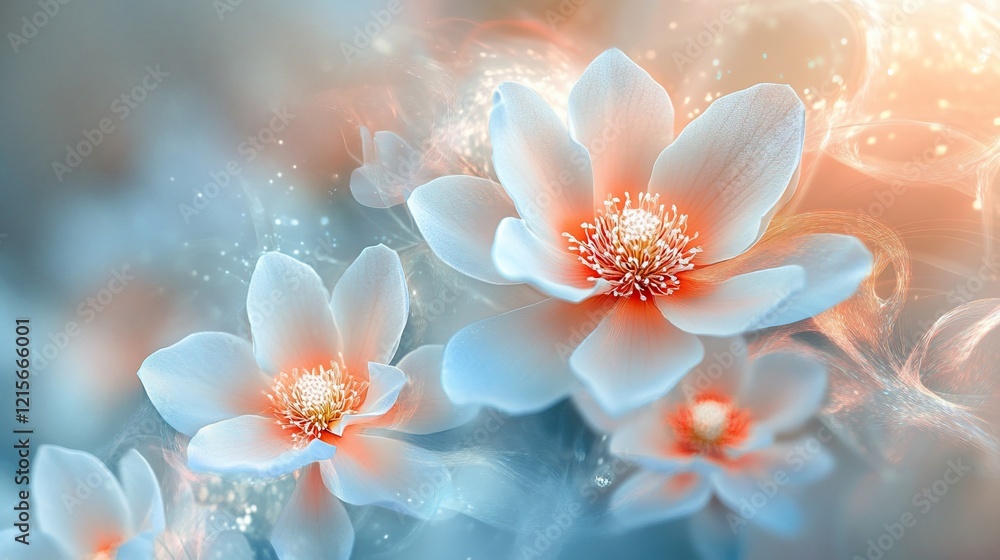 Fototapeta premium Dreamlike pastel flowers with glowing light and soft smoke.