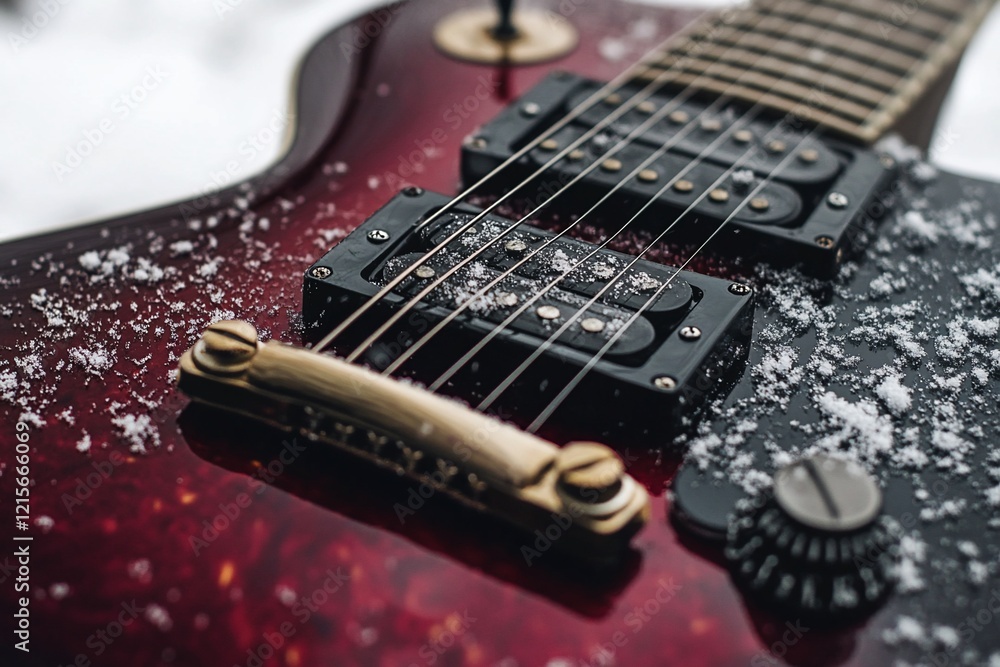 Close-up of a red electric guitar covered in snow. Close-up of a red electric guitar covered in snow.