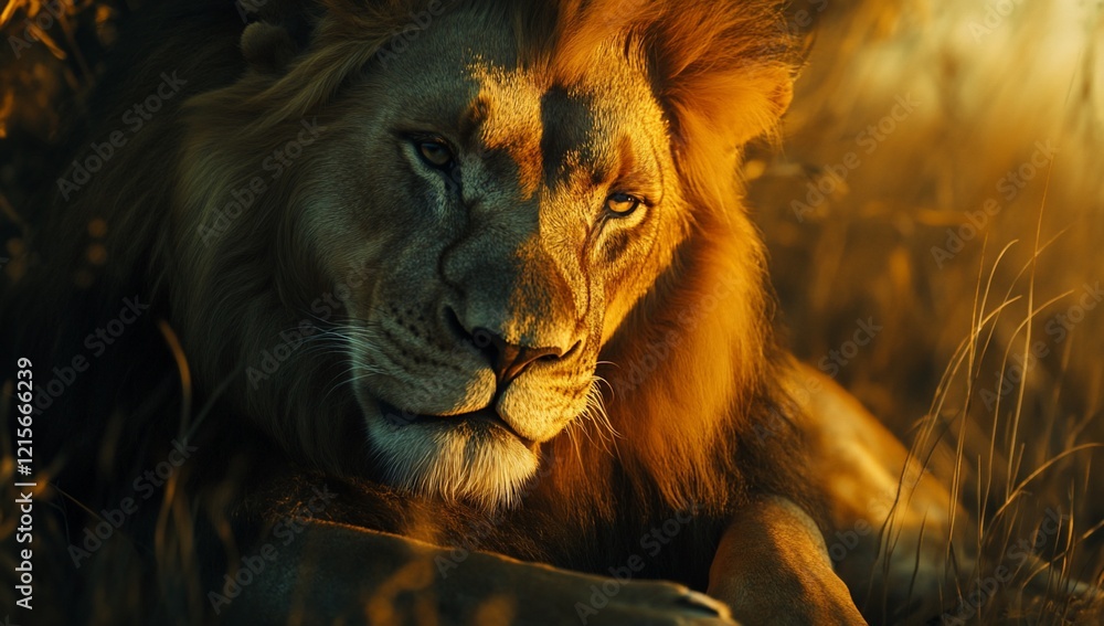 Naklejka premium Majestic lion resting in golden sunset light.