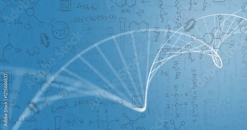 Image of dna strand and shapes over chemical equations