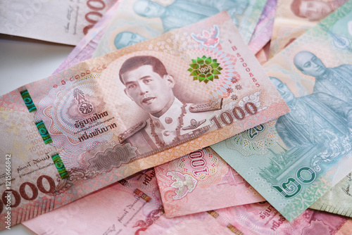 Bild auf Leinwand Close up of Thailand Baht banknotes