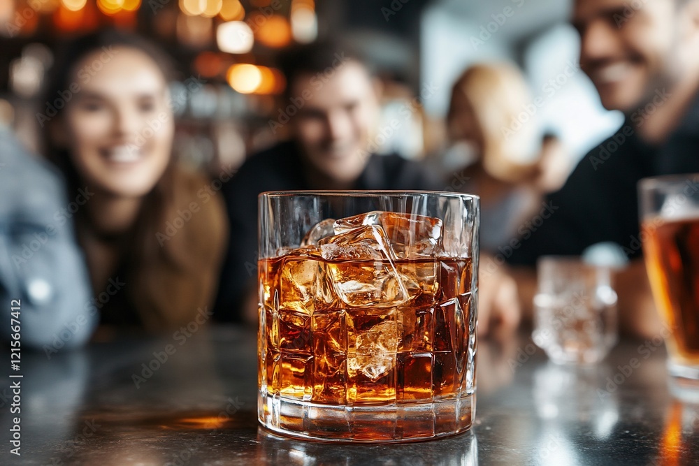 Close-up of whiskey with ice on bar, blurred happy friends in background. Close-up of whiskey with ice on bar, blurred happy friends in background.