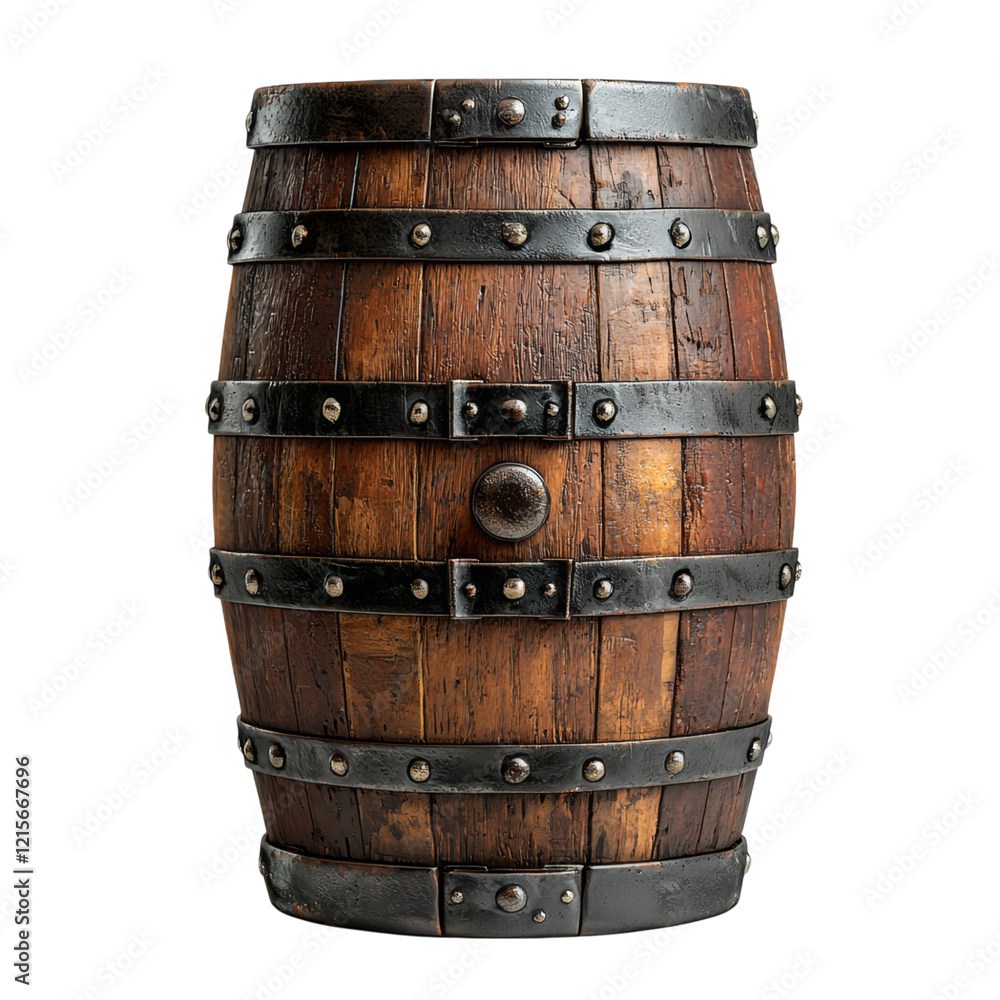 Fototapeta premium Rustic Wooden Barrel with Metal Bands and Rivets Isolated on transparent background