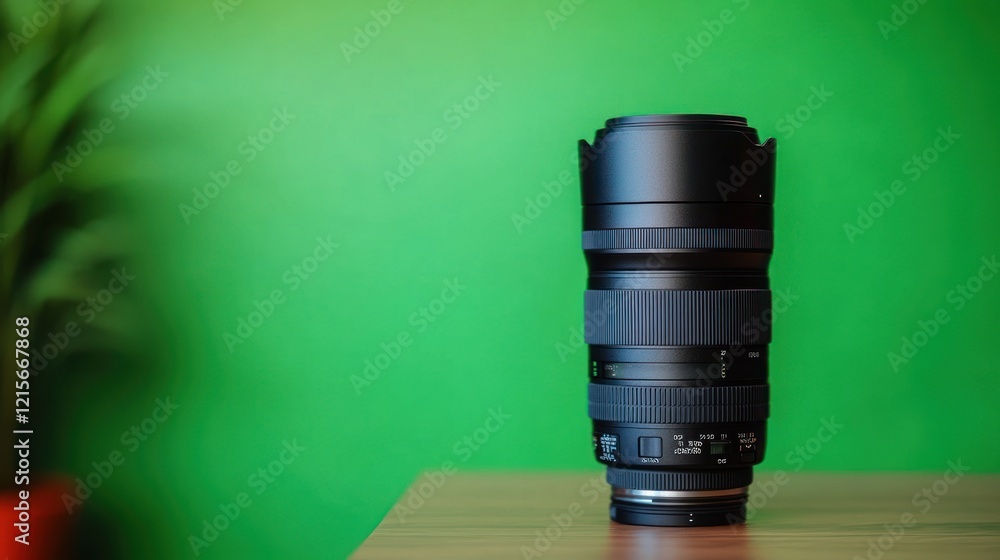 Close-up of a black camera lens on a wooden table with green background Close-up of a black camera lens on a wooden table with green background