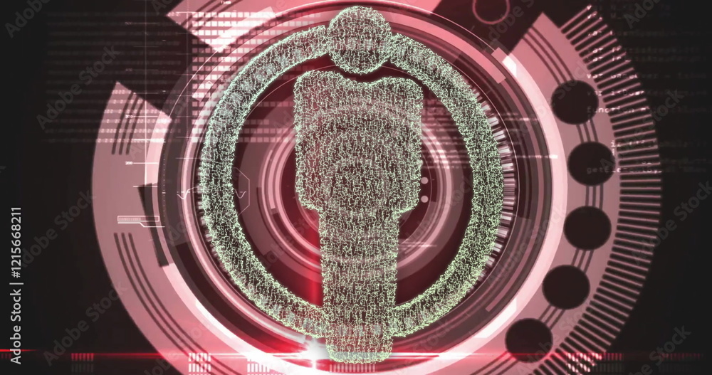 Obraz premium Digital human figure and data processing image over red technological background