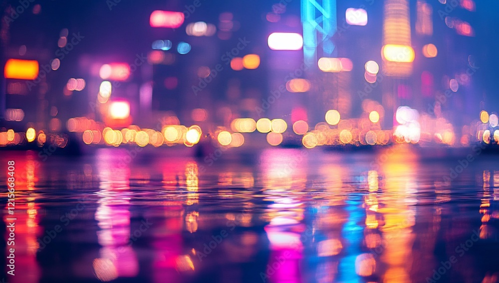 Obraz premium Night cityscape reflected in water, blurred lights.