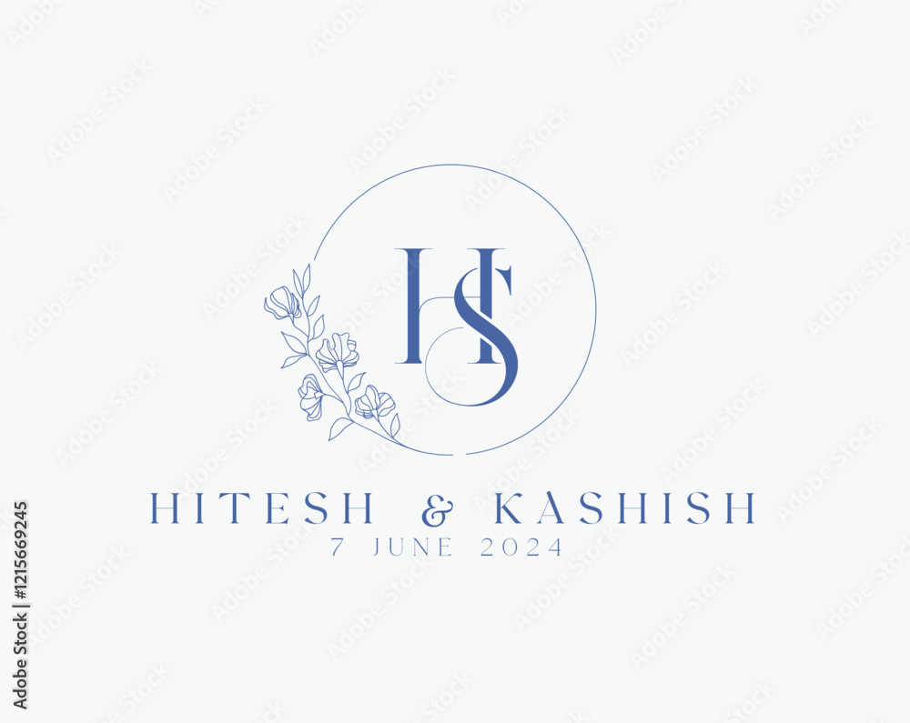 Wedding logo wreath vector design royal style blue color illustration monogram crest design Wedding logo wreath vector design royal style blue color illustration monogram crest design