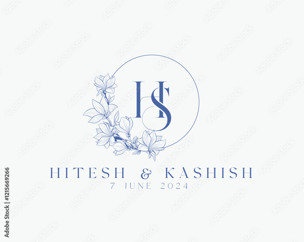 Wedding logo wreath vector design royal style blue color illustration monogram crest design Wedding logo wreath vector design royal style blue color illustration monogram crest design