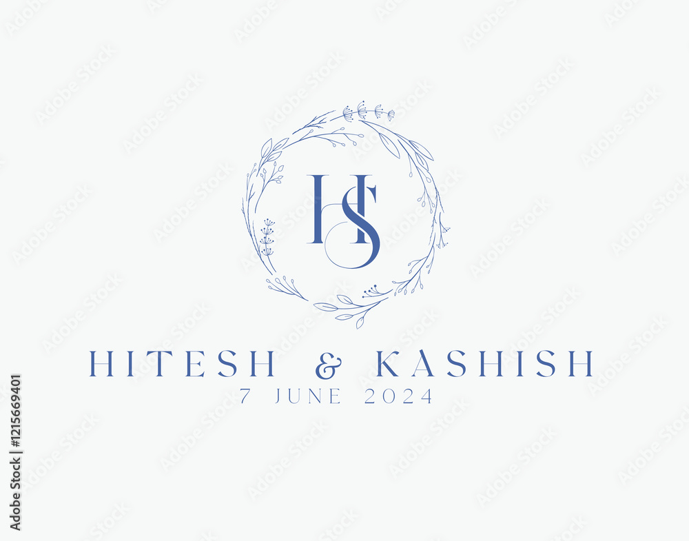 Wedding logo wreath vector design royal style blue color illustration monogram crest design Wedding logo wreath vector design royal style blue color illustration monogram crest design
