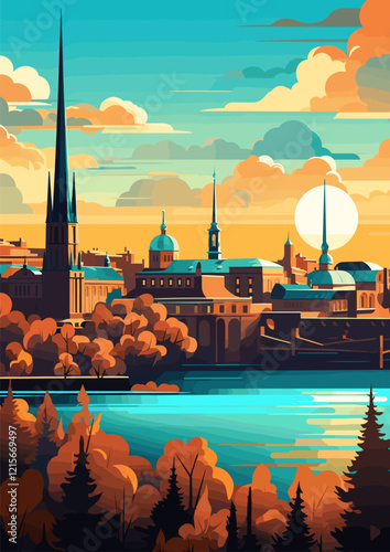 Travel Destination in Stockholm Sweden vintage print. holidays concept of illustration