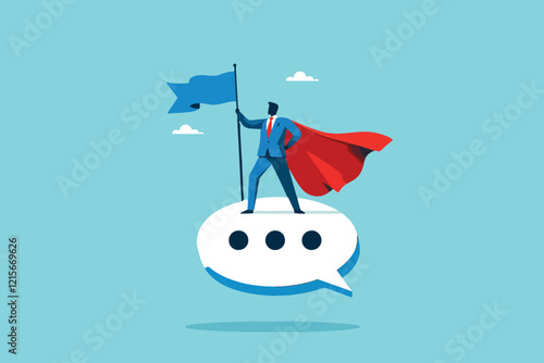 Victorious Visionary, A Successful Businessman as a Superhero Holding a Winning Flag atop a Speech Bubble of Triumph