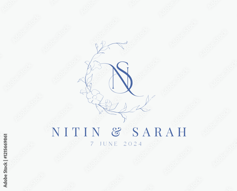 Wedding logo wreath vector design royal style blue color illustration monogram crest design Wedding logo wreath vector design royal style blue color illustration monogram crest design