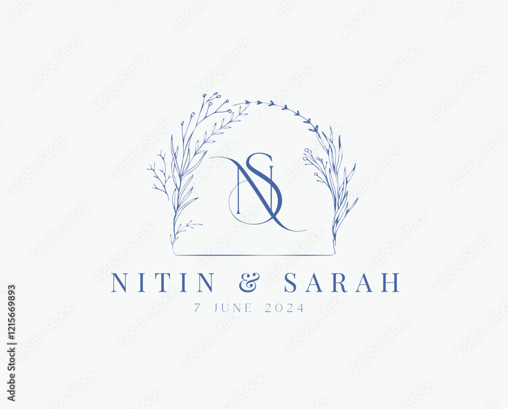 Wedding logo wreath vector design royal style blue color illustration monogram crest design Wedding logo wreath vector design royal style blue color illustration monogram crest design
