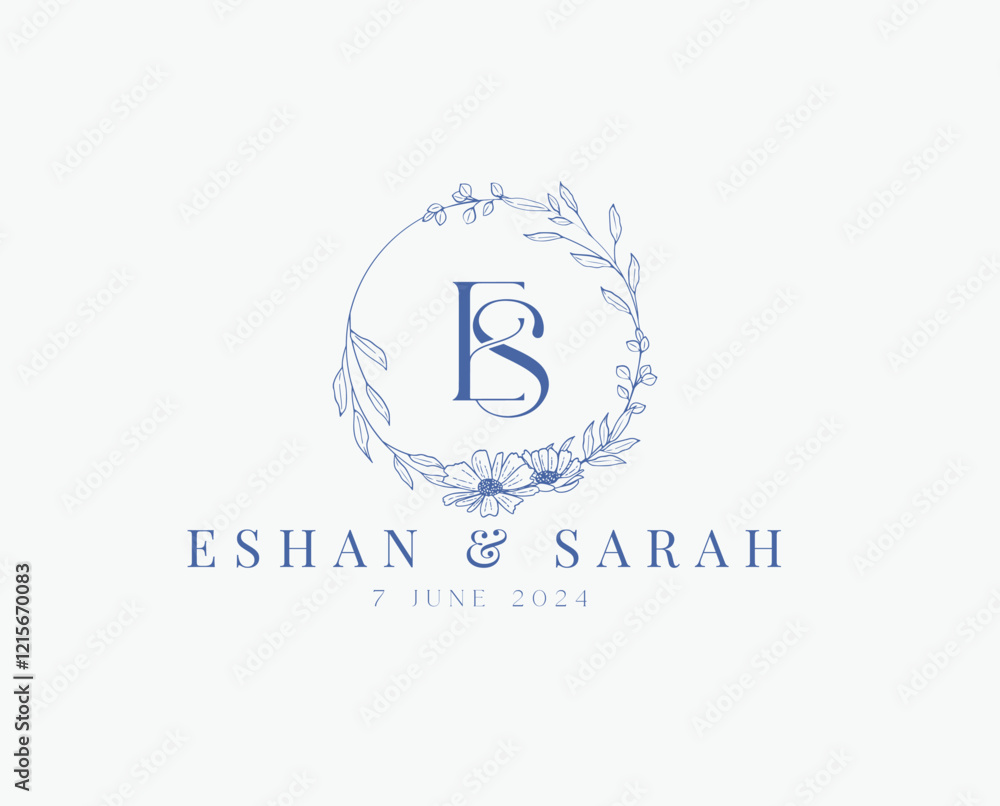 Wedding logo wreath vector design royal style blue color illustration monogram crest design Wedding logo wreath vector design royal style blue color illustration monogram crest design