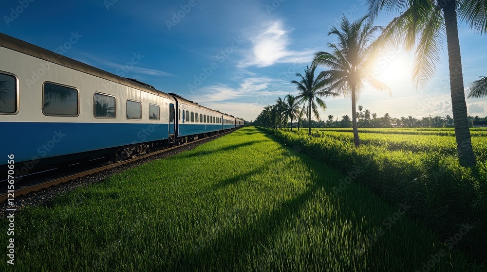 Scenic Train Journey Through Lush Green Rice Fields Under a Bright Sky with Palm Trees and Golden Sunlight in the Background Scenic Train Journey Through Lush Green Rice Fields Under a Bright Sky with Palm Trees and Golden Sunlight in the Background