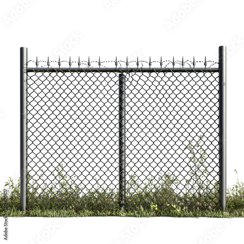 Chain Link Fence Surrounded by Grass and Weeds Isolated on transparent background