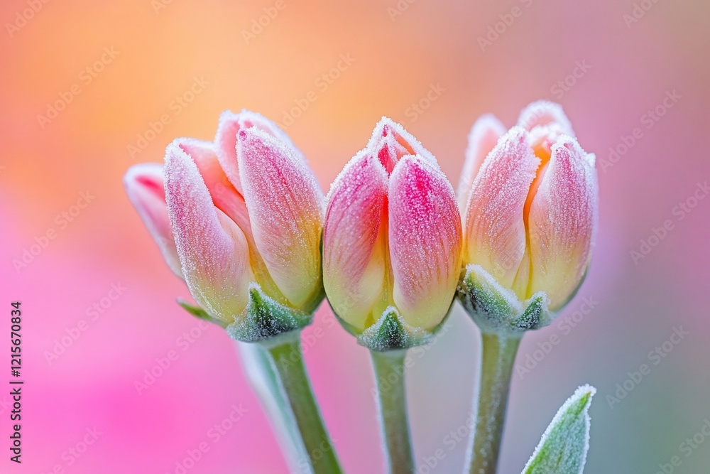 Fototapeta premium Three pink tulips in soft focus, covered in delicate frost.