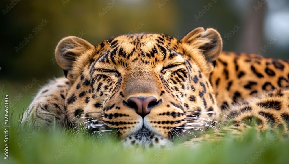 Naklejka premium Close-up of a relaxed Amur leopard resting peacefully in green grass, eyes closed.