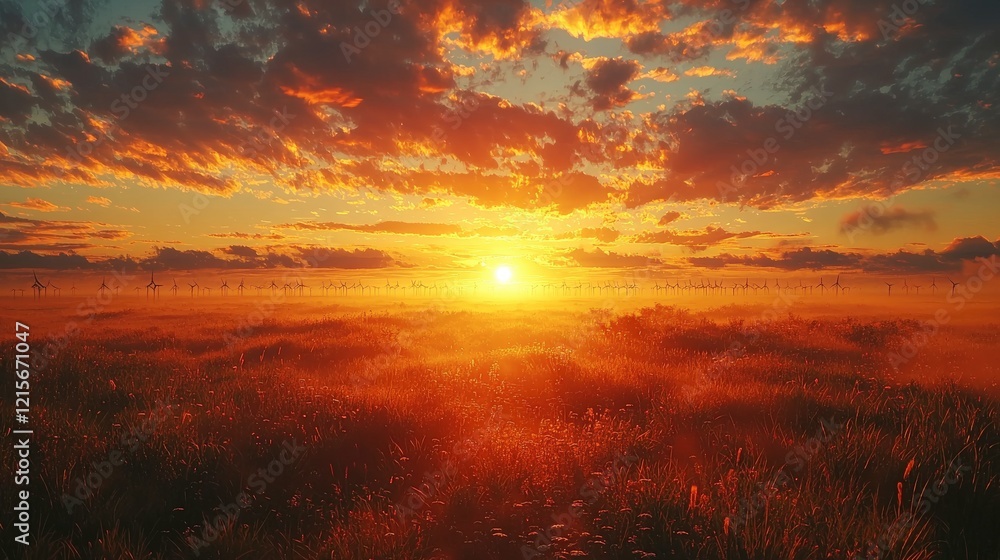 Fiery Sunset over Dew-Kissed Field: A Breathtaking Landscape Panorama Fiery Sunset over Dew-Kissed Field: A Breathtaking Landscape Panorama
