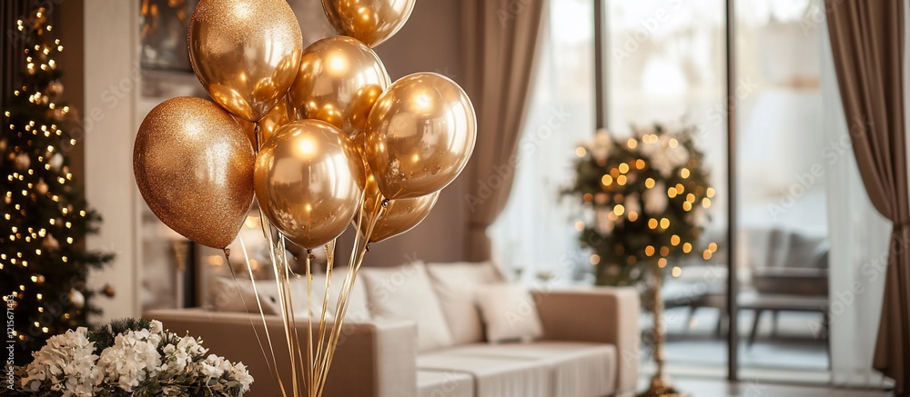 Gold balloons in a luxurious living room with a Christmas tree. Gold balloons in a luxurious living room with a Christmas tree.