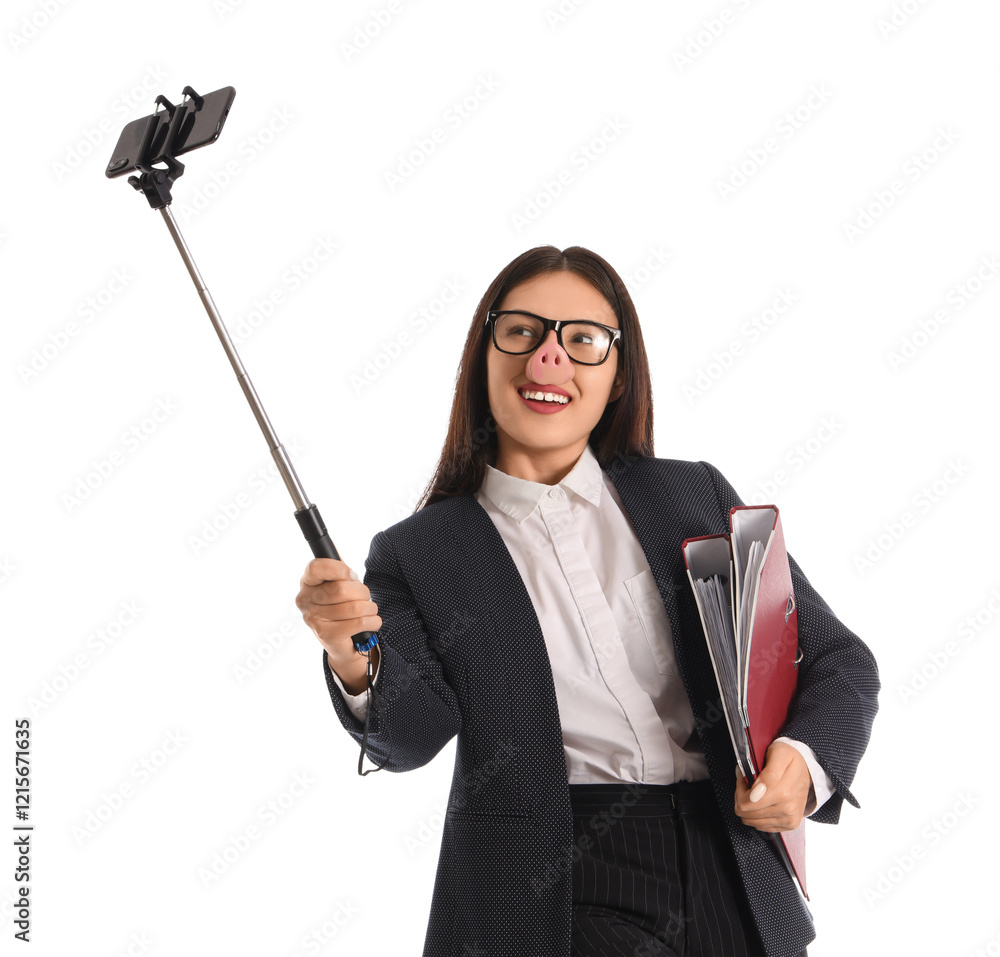 Young Asian businesswoman in funny disguise with folders taking selfie on white background Young Asian businesswoman in funny disguise with folders taking selfie on white background