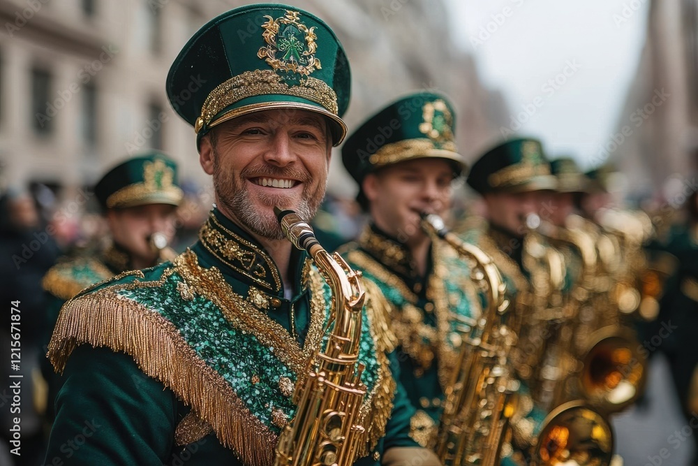 Fototapeta premium Energetic marching band in green uniforms. St. Patrick's Day parade confetti